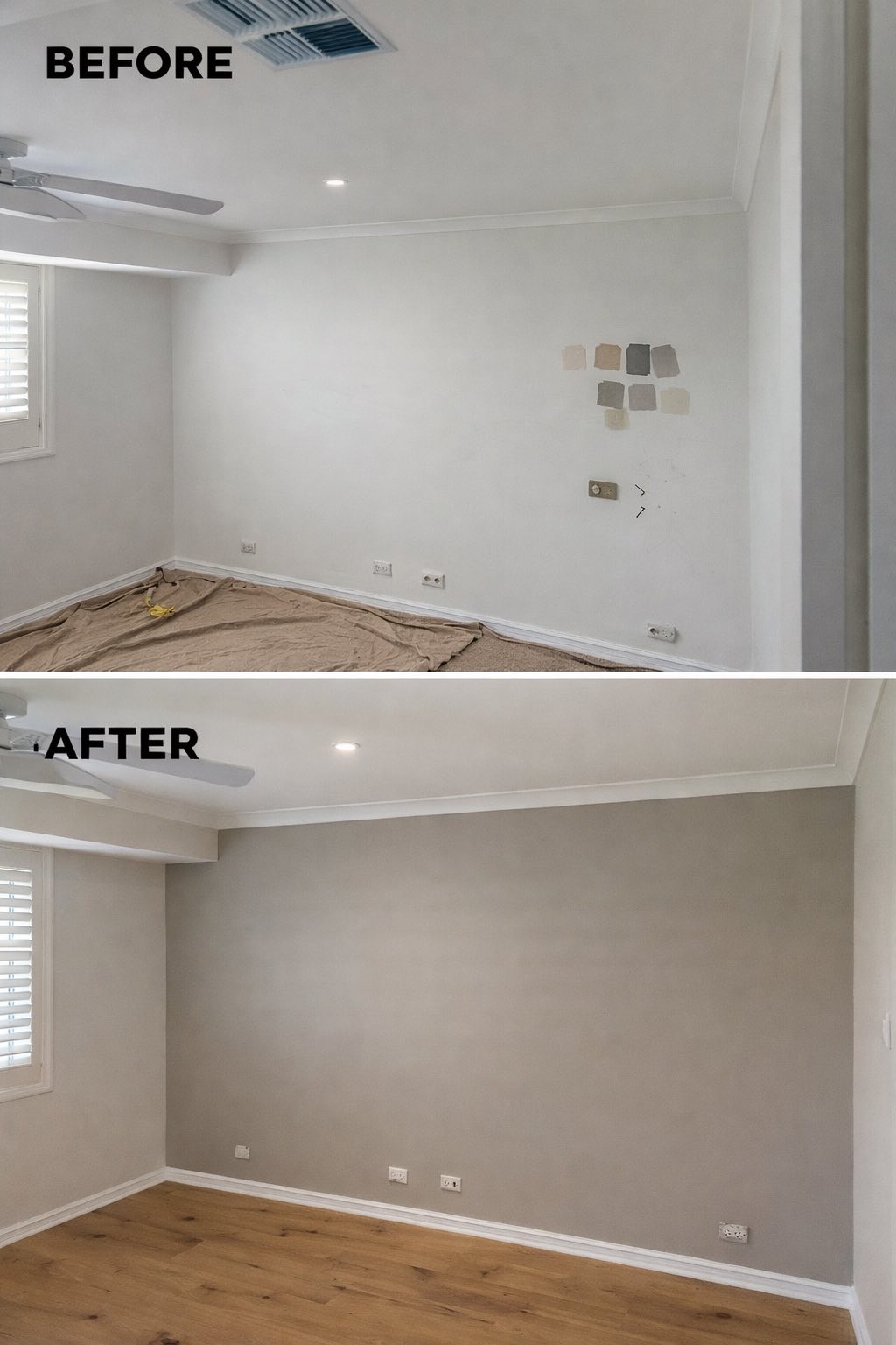 Bedroom wall repainted from patchy primer to smooth finish