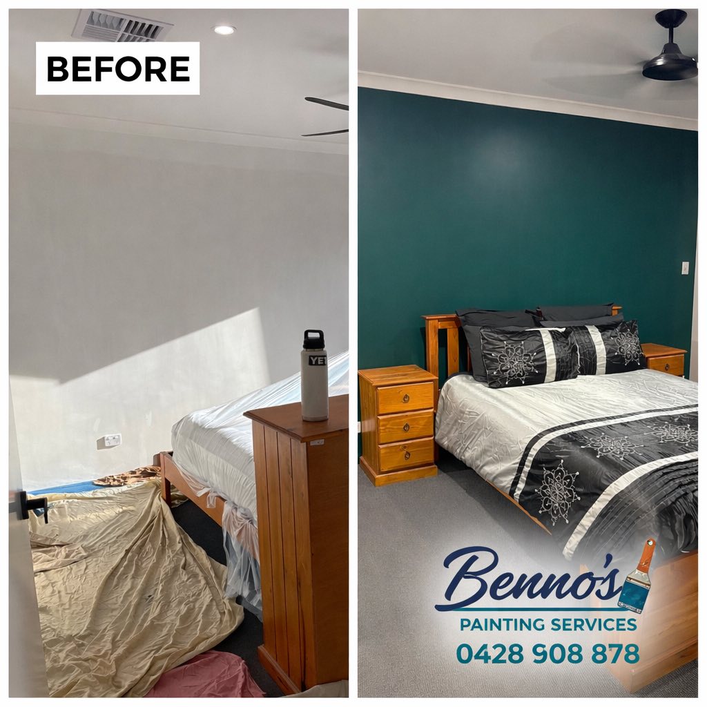 Before and after of a bold green bedroom feature wall